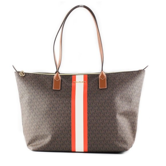NWT Michael Kors Travel Large Tote Leather Stripe Tangerine Zip Shoulder Handbag - Picture 4 of 5